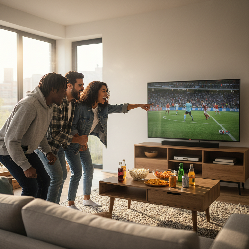 Friends enjoying live sports together showing who benefits most from IPTV