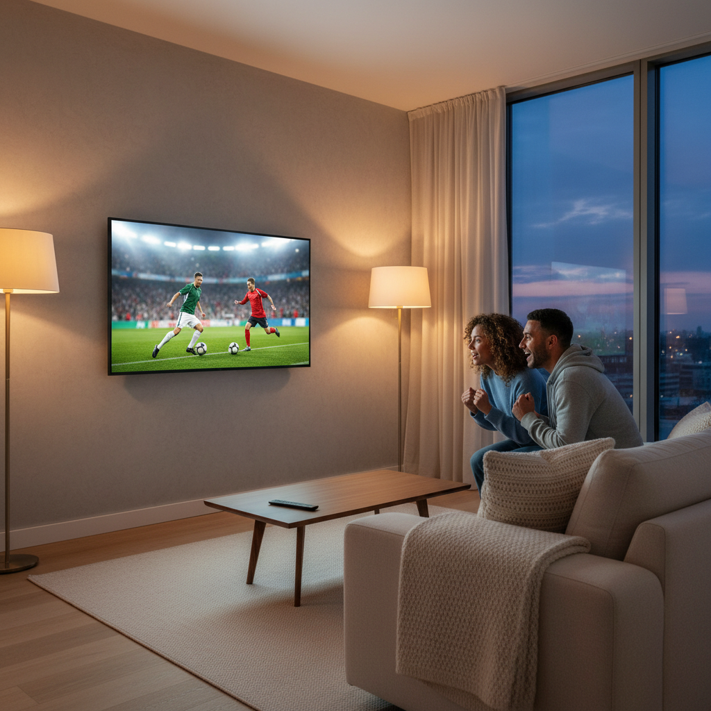 Couple watching live TV at home comparing IPTV vs cable options