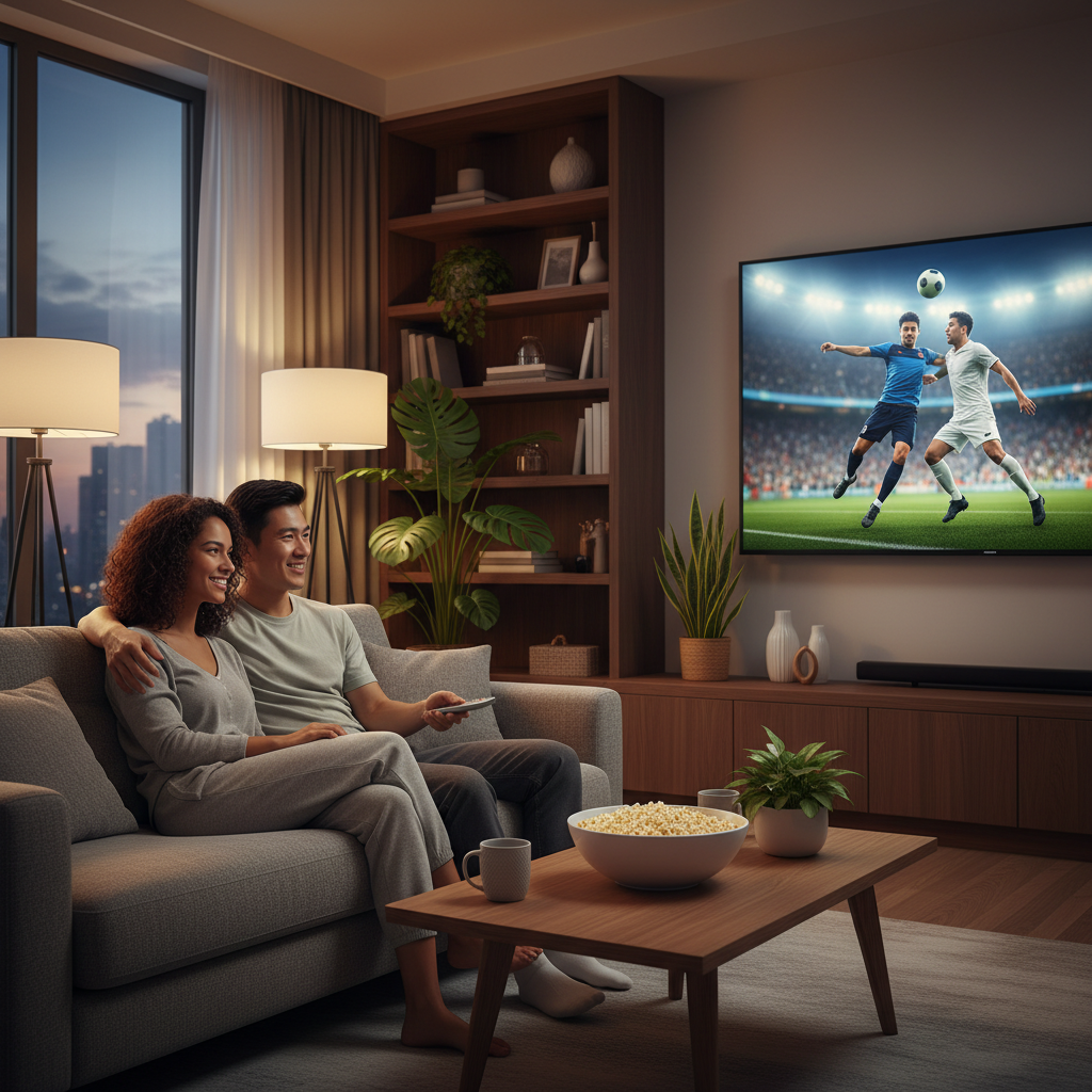 Couple comparing IPTV vs YouTube TV on a smart TV at home