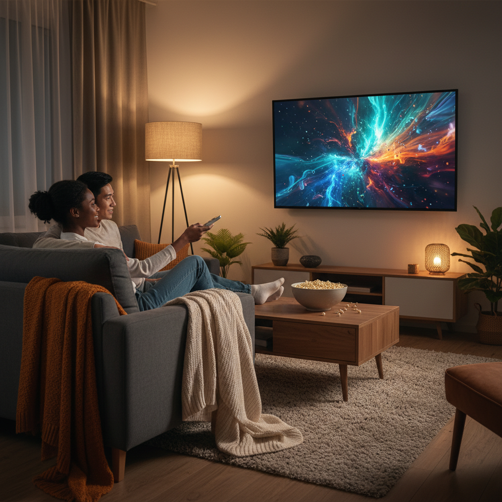 Couple relaxing at home watching IPTV streaming service on smart TV