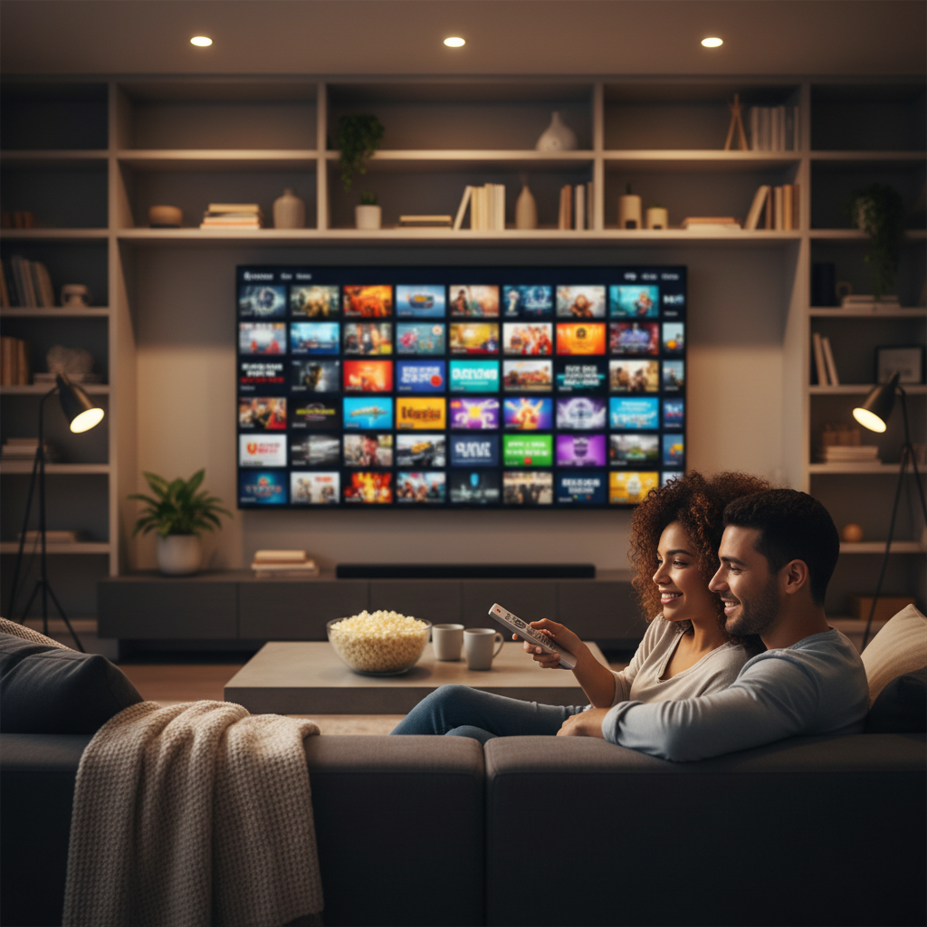 Couple browsing an M3U playlist on a smart TV in a modern living room