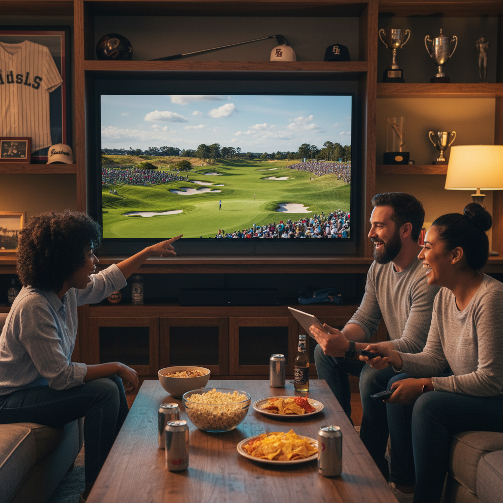 Friends watching major golf tournaments on IPTV together in a cozy den