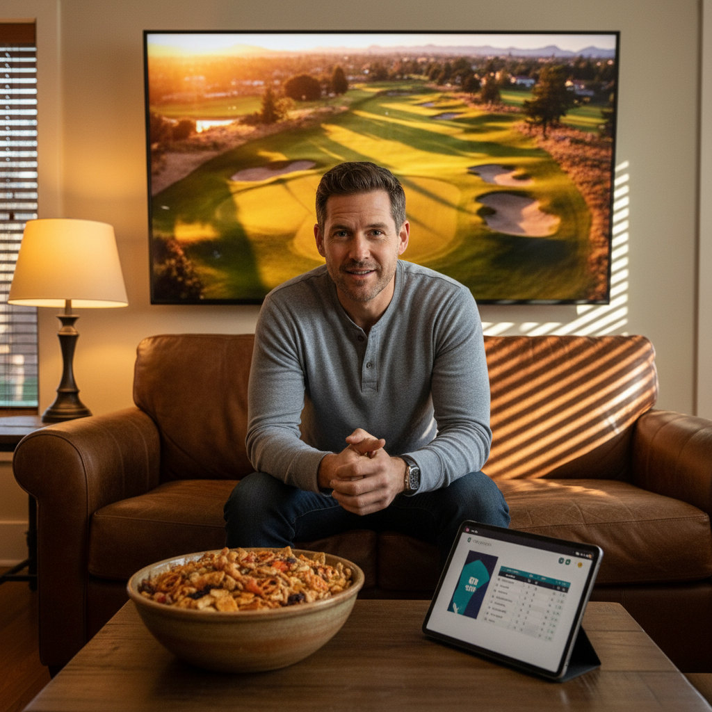 Man watching prime-time Masters Saturday tee times on a large flat-screen TV