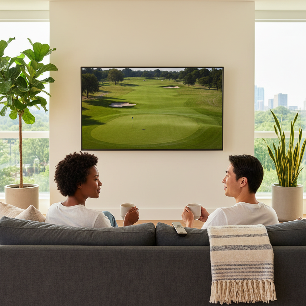 Couple watching the Masters TV schedule live on a smart TV at home
