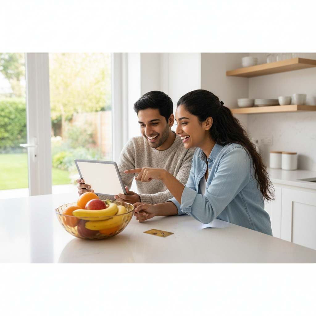 Couple signing up to watch NFL without cable on a streaming service tablet