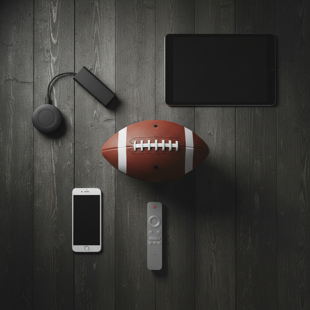 Multiple streaming devices and a football representing options to watch NFL without cable