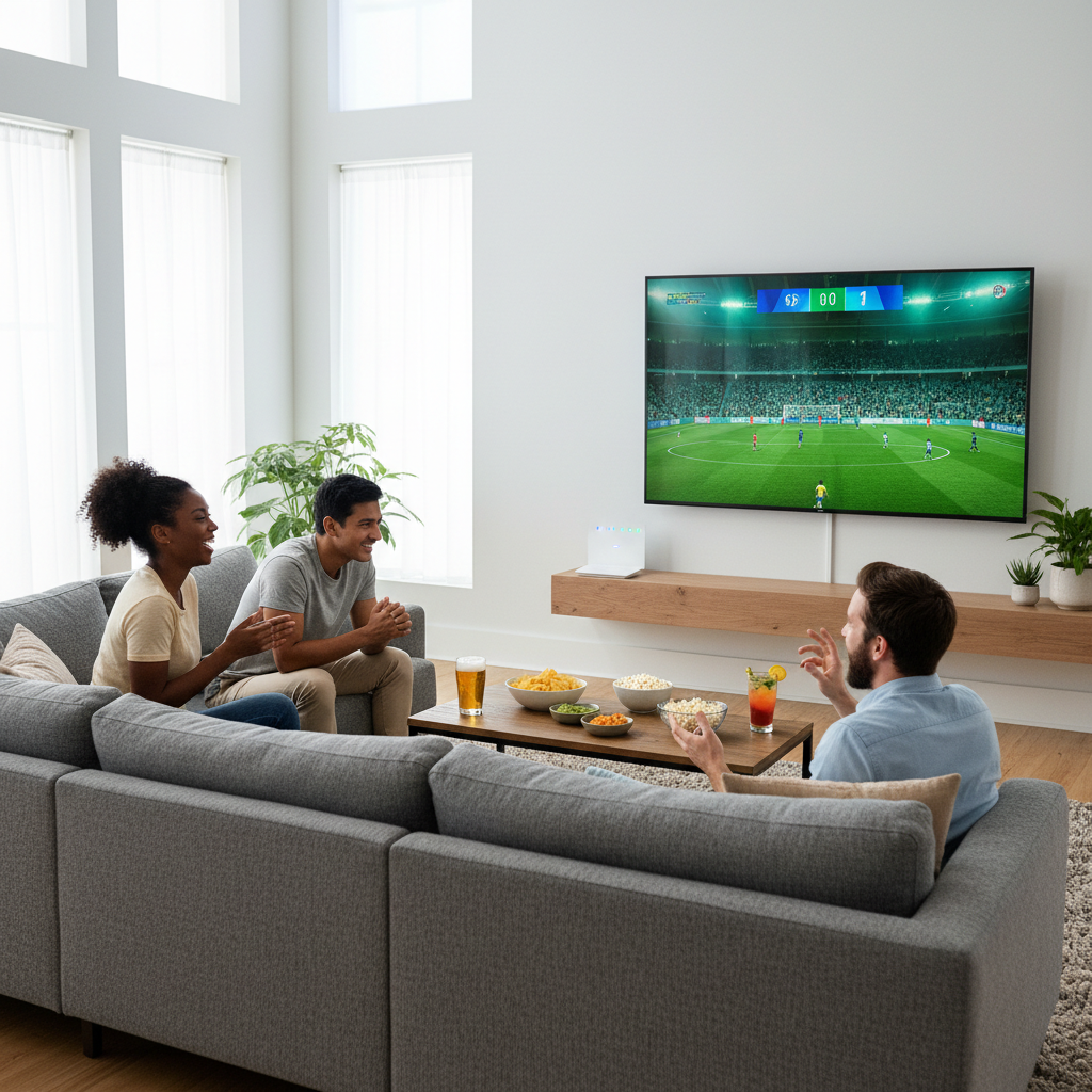 Friends optimizing IPTV streaming experience on Roku TV watching live sports