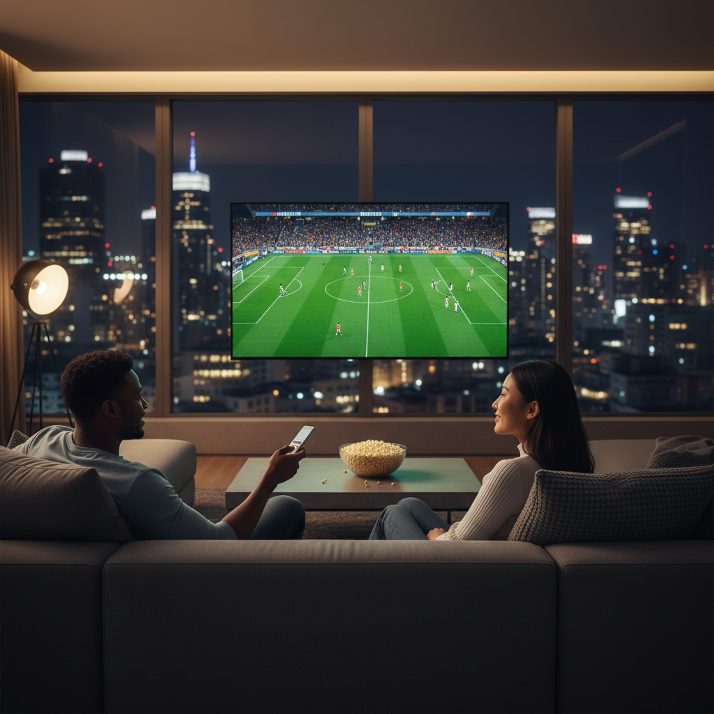 Couple watching premier league streaming USA on a large smart TV at home