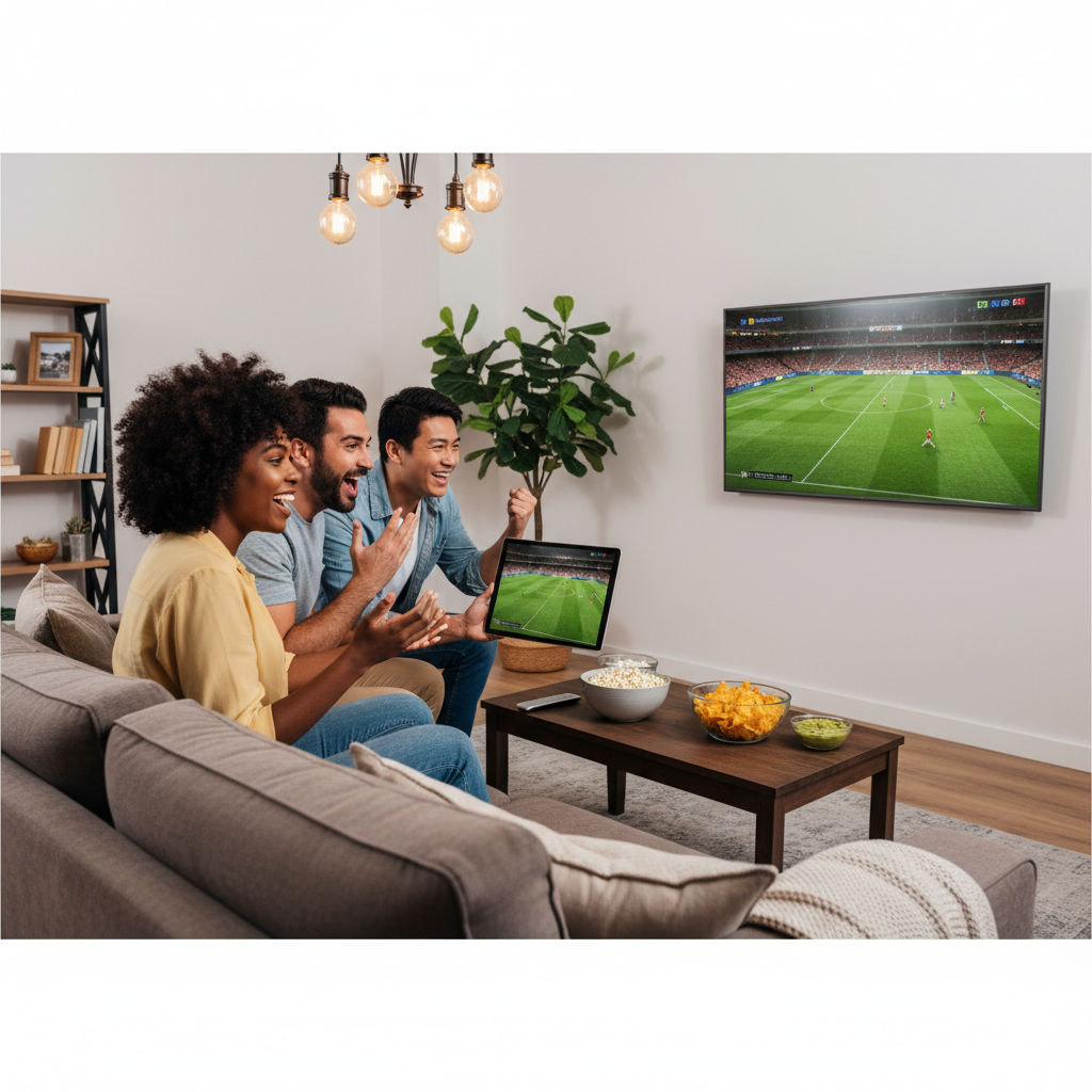 Friends enjoying seamless premier league streaming in the USA on multiple devices