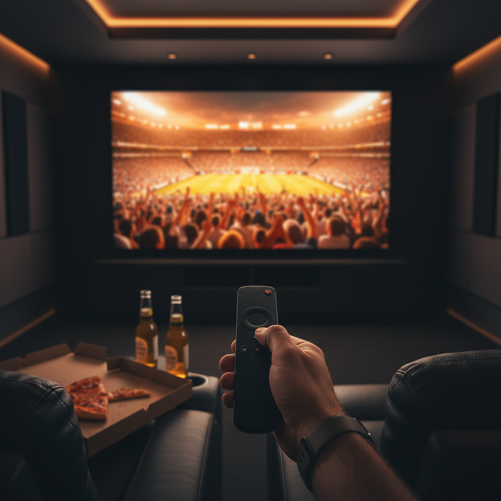 Man using remote to stream NFL games on a premium IPTV service at home