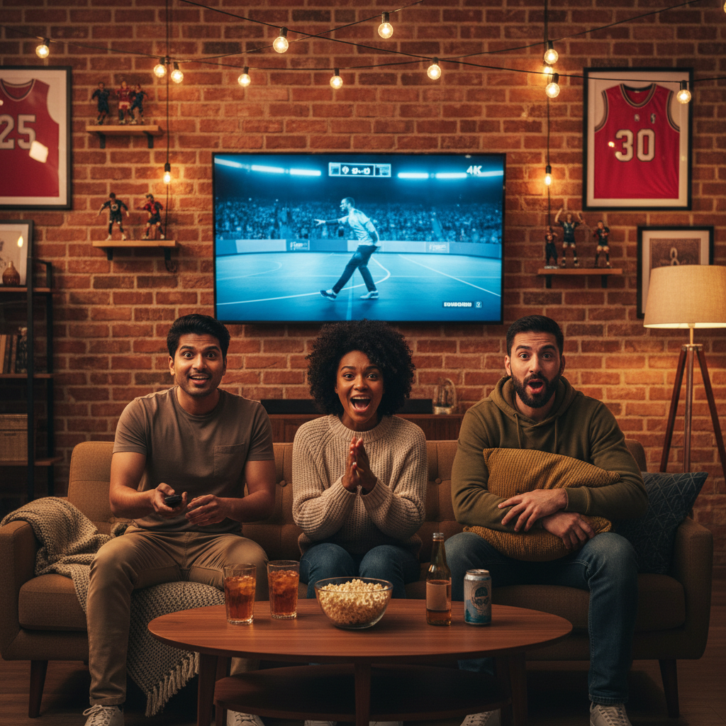Friends enjoying premium IPTV streaming service on a smart TV together