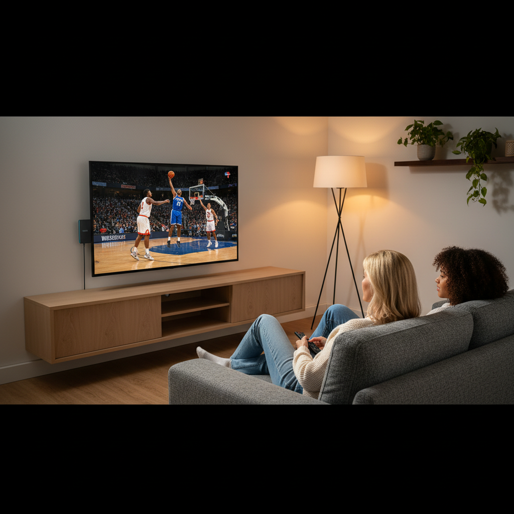 Mother and daughter enjoying premium IPTV sports streaming at home