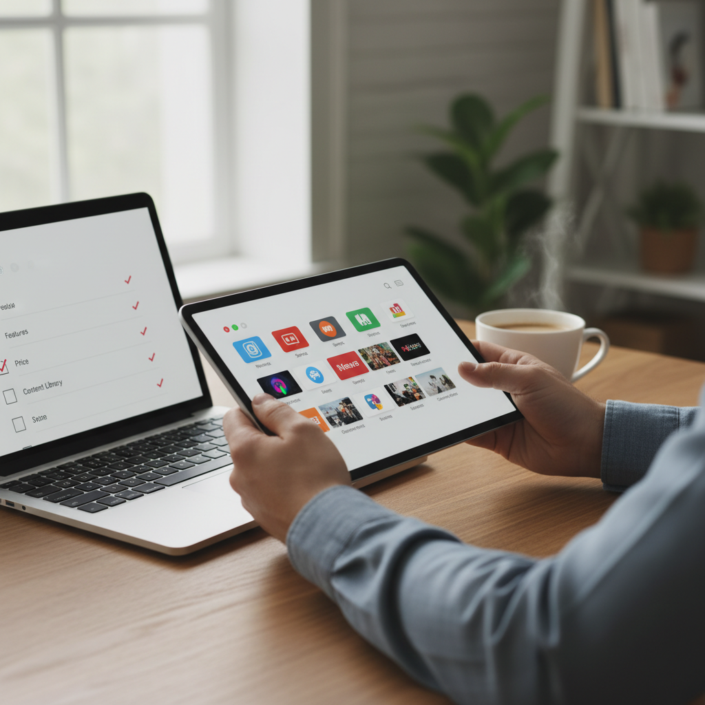 Person researching a reliable IPTV provider on tablet and laptop