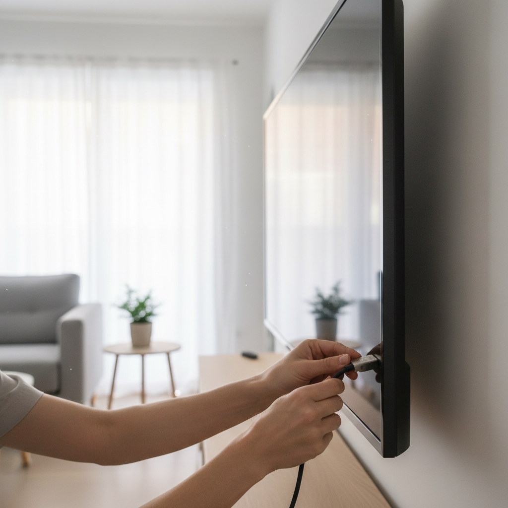 Hands connecting a cable to a smart TV while setting up IPTV.