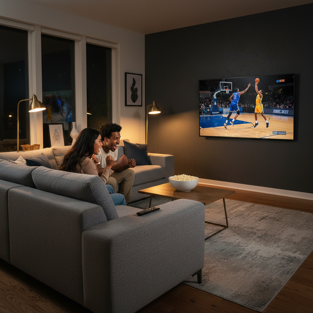 Couple watching stream NBA games live on a large smart TV at home