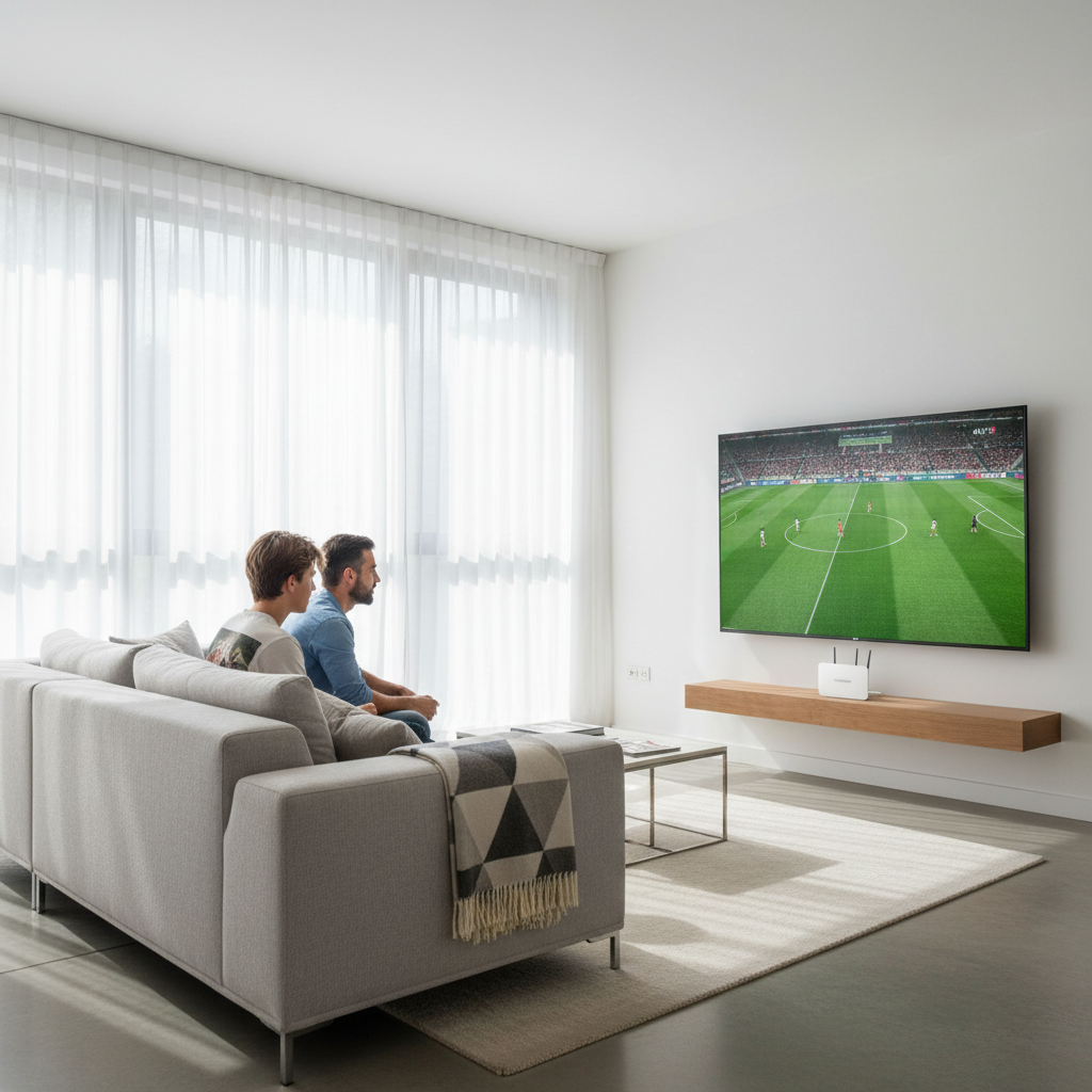 Father and son watching live sports streaming with sharp picture quality