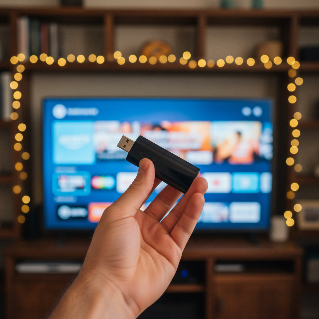 Hand holding a Fire TV Stick for TiviMate IPTV installation setup