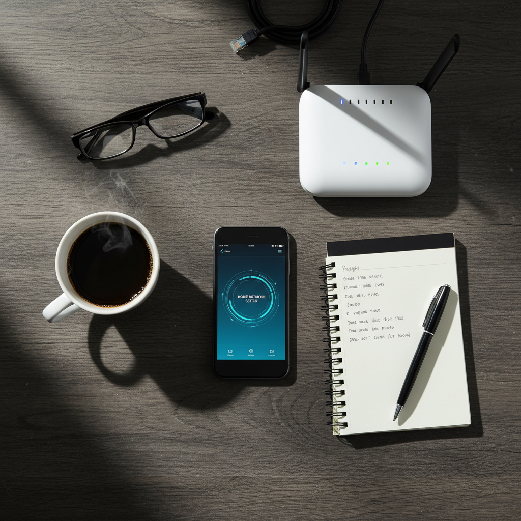Smartphone and router on desk for connecting IPTV subscription TiviMate configuration
