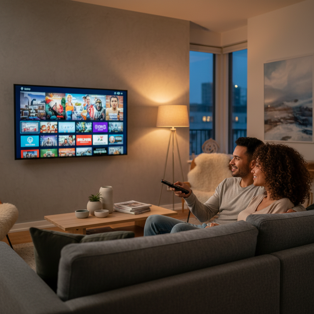 Couple enjoying TiviMate setup on a smart TV in a modern living room