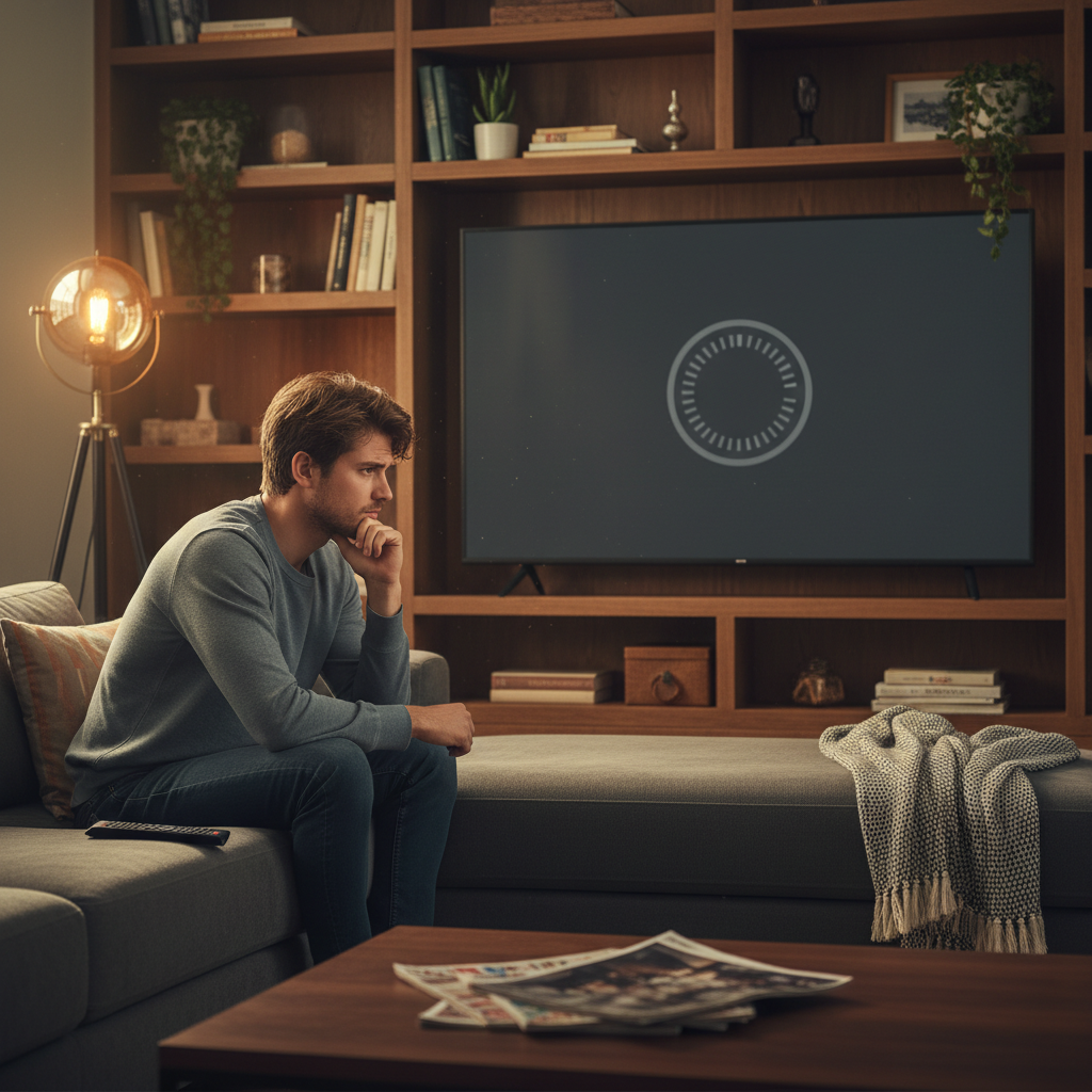Man troubleshooting TiviMate setup issues with a blank TV screen
