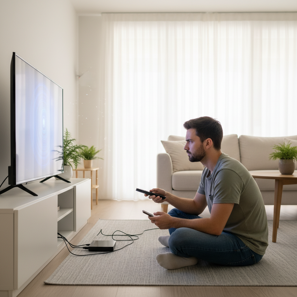 Man troubleshooting common IPTV issues on Android TV at home
