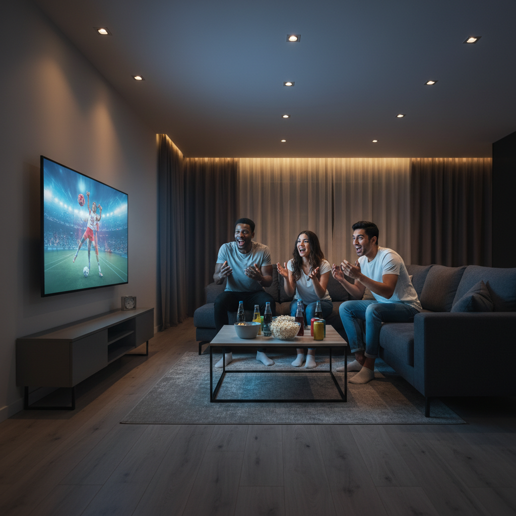 Friends gathered at home to watch a UFC PPV stream on smart TV