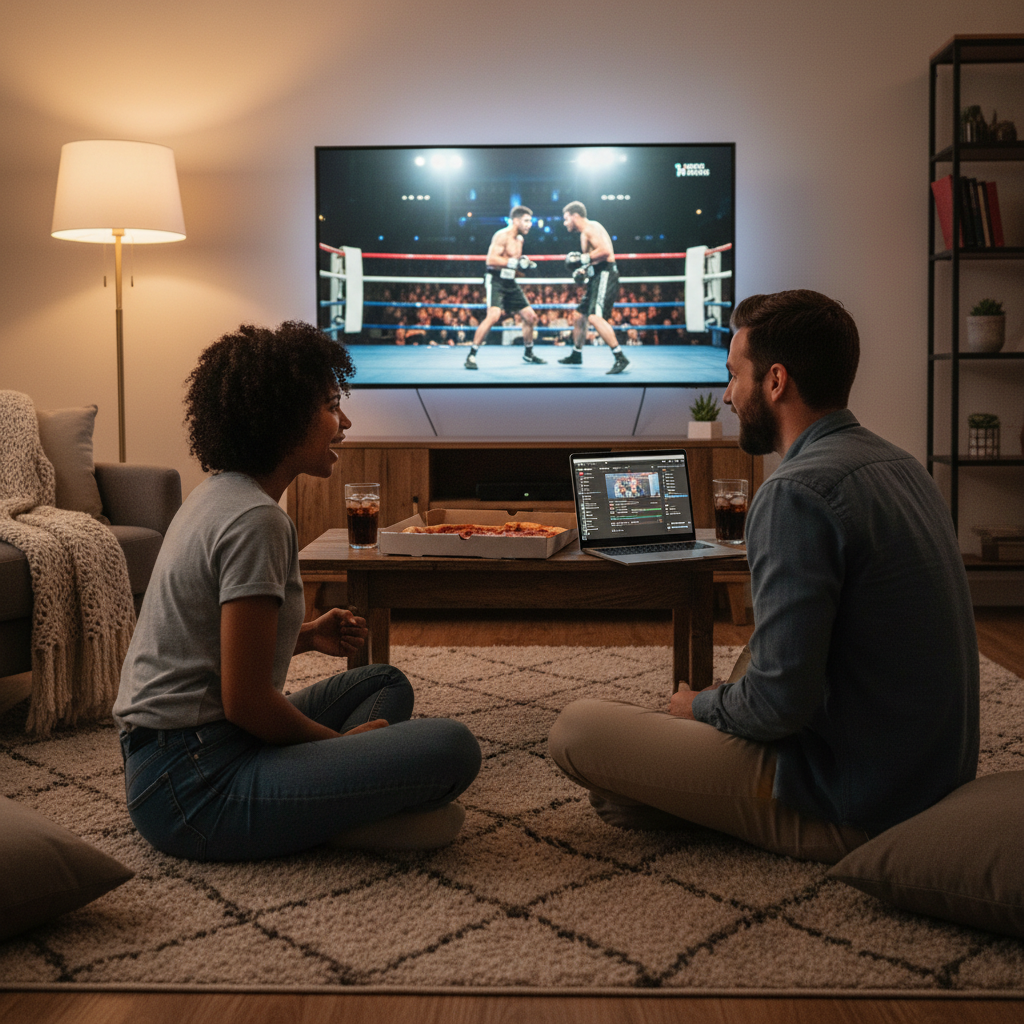 Couple watching UFC prelims stream early fights at home on TV