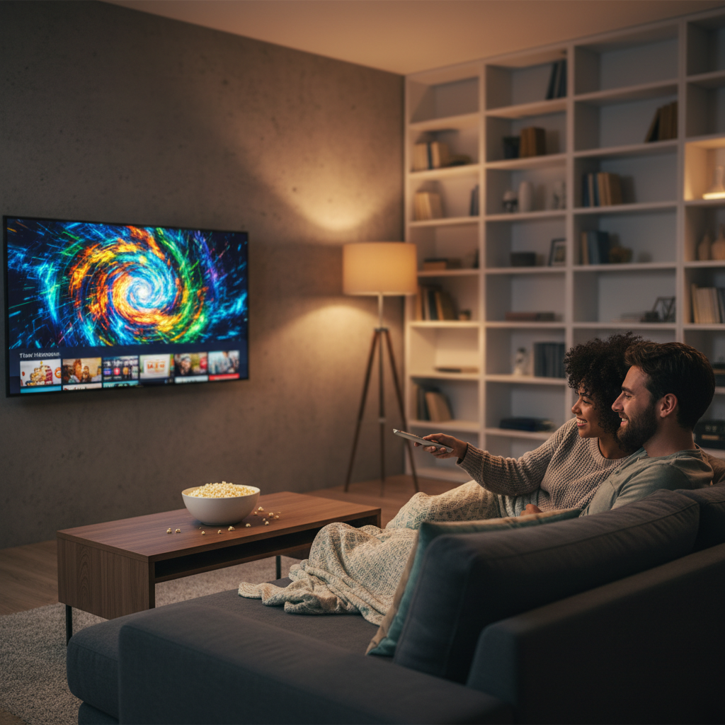 Couple relaxing at home enjoying an IPTV subscription on a smart TV