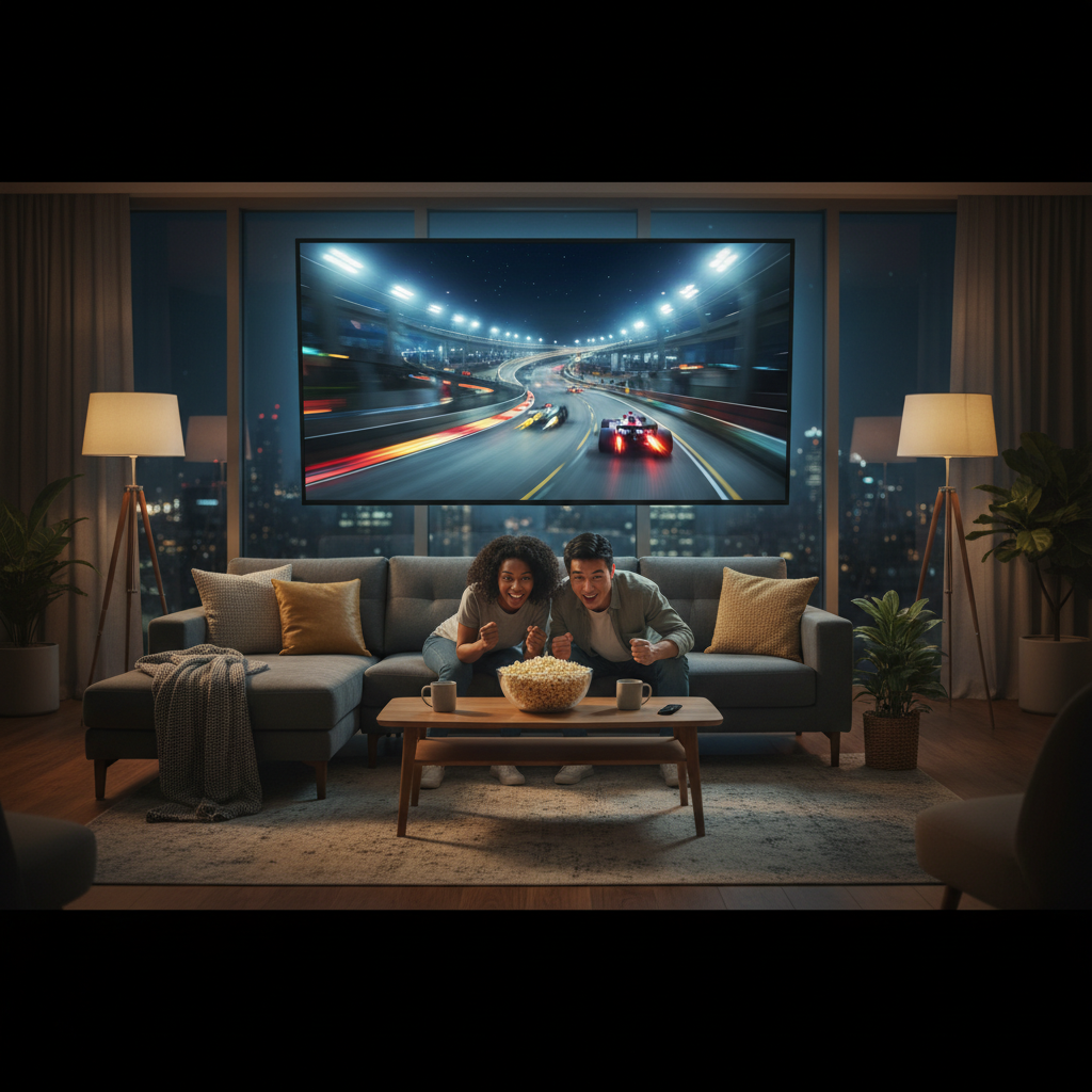 Couple watching F1 without cable on a smart TV at home