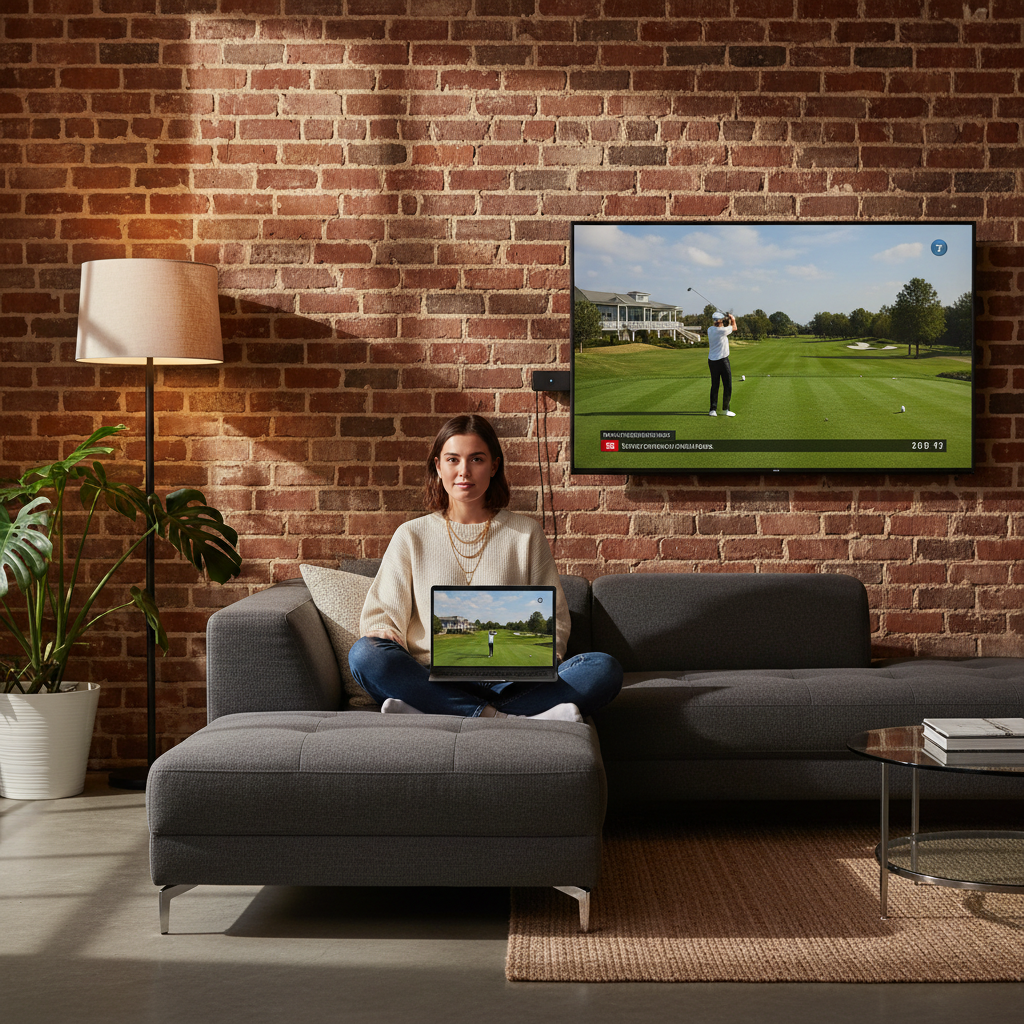 Woman streaming golf without cable on laptop and smart TV at home