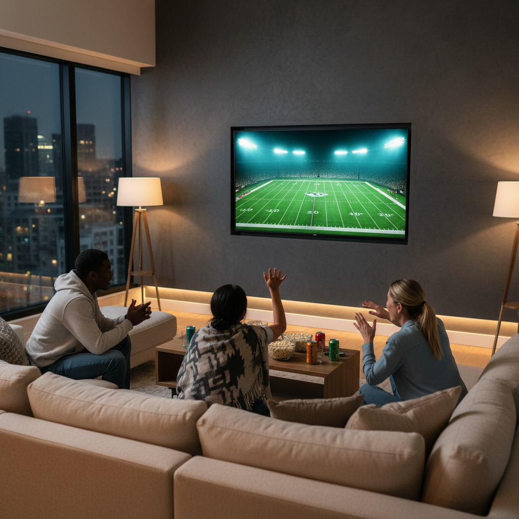 Friends gathered around a smart TV to watch NFL without cable at home