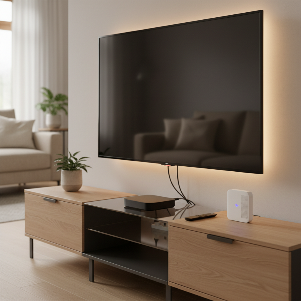 Arabic IPTV box setup connected to a home entertainment TV console