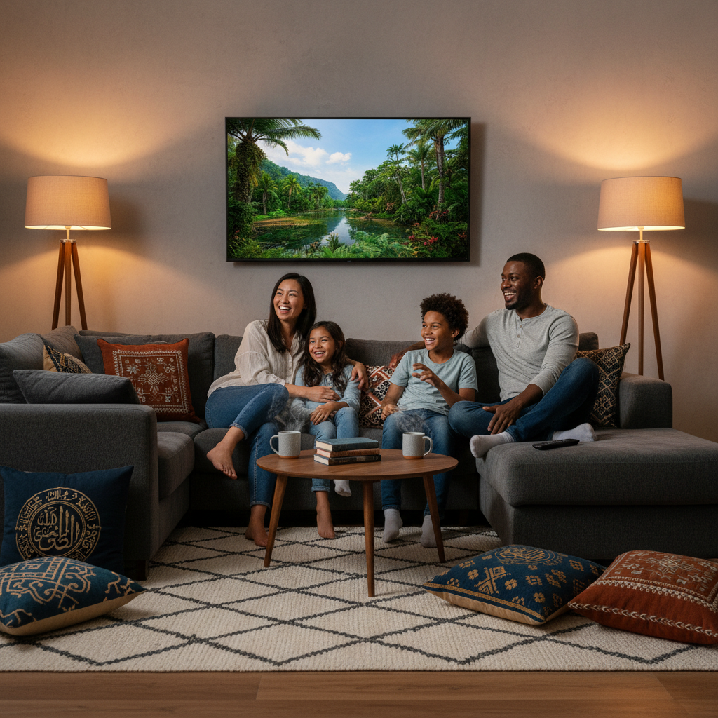 Family enjoying Arabic IPTV streaming on a smart TV at home