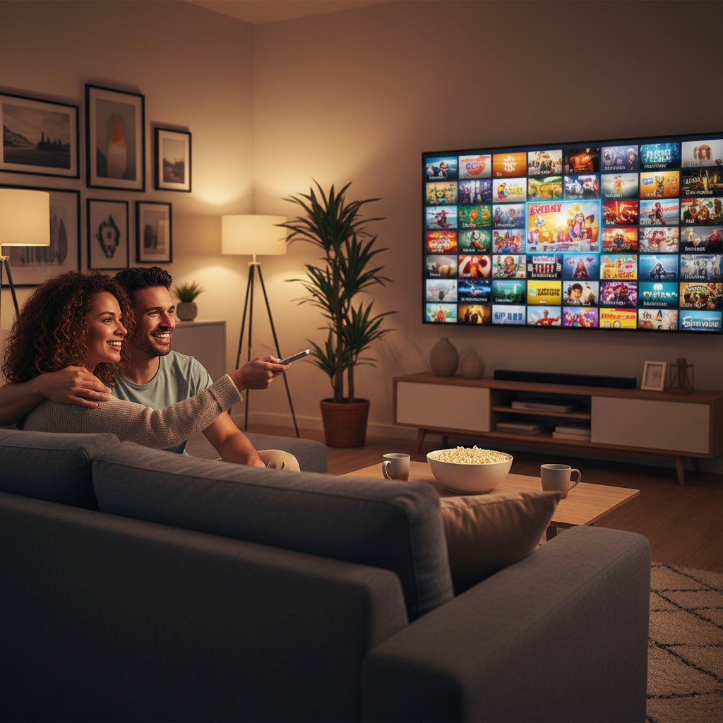 Couple enjoying the cheapest way to watch TV on a smart screen at home.