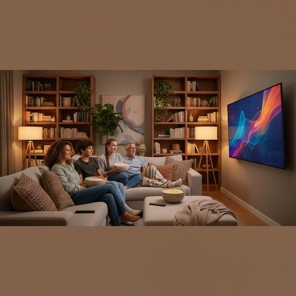 Family enjoying subscription streaming services together on a smart TV at home.