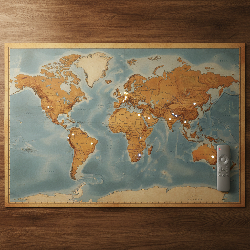 World map with glowing pins representing global channel regions for international IPTV