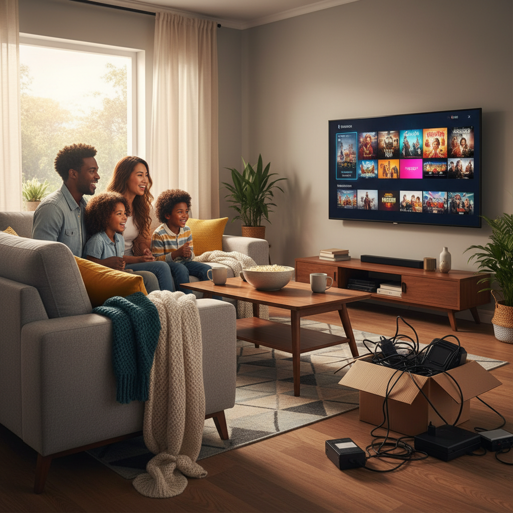 Family cutting the cord and switching to streaming on a smart TV.