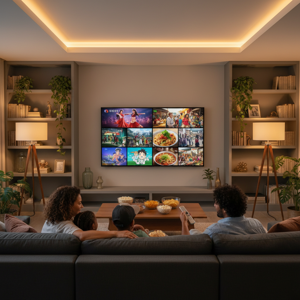 Family enjoying international IPTV USA streaming on a smart TV at home