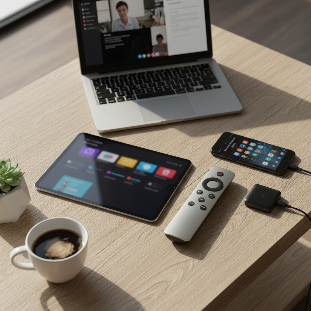 Multiple streaming devices laid out showing IPTV setup and device compatibility