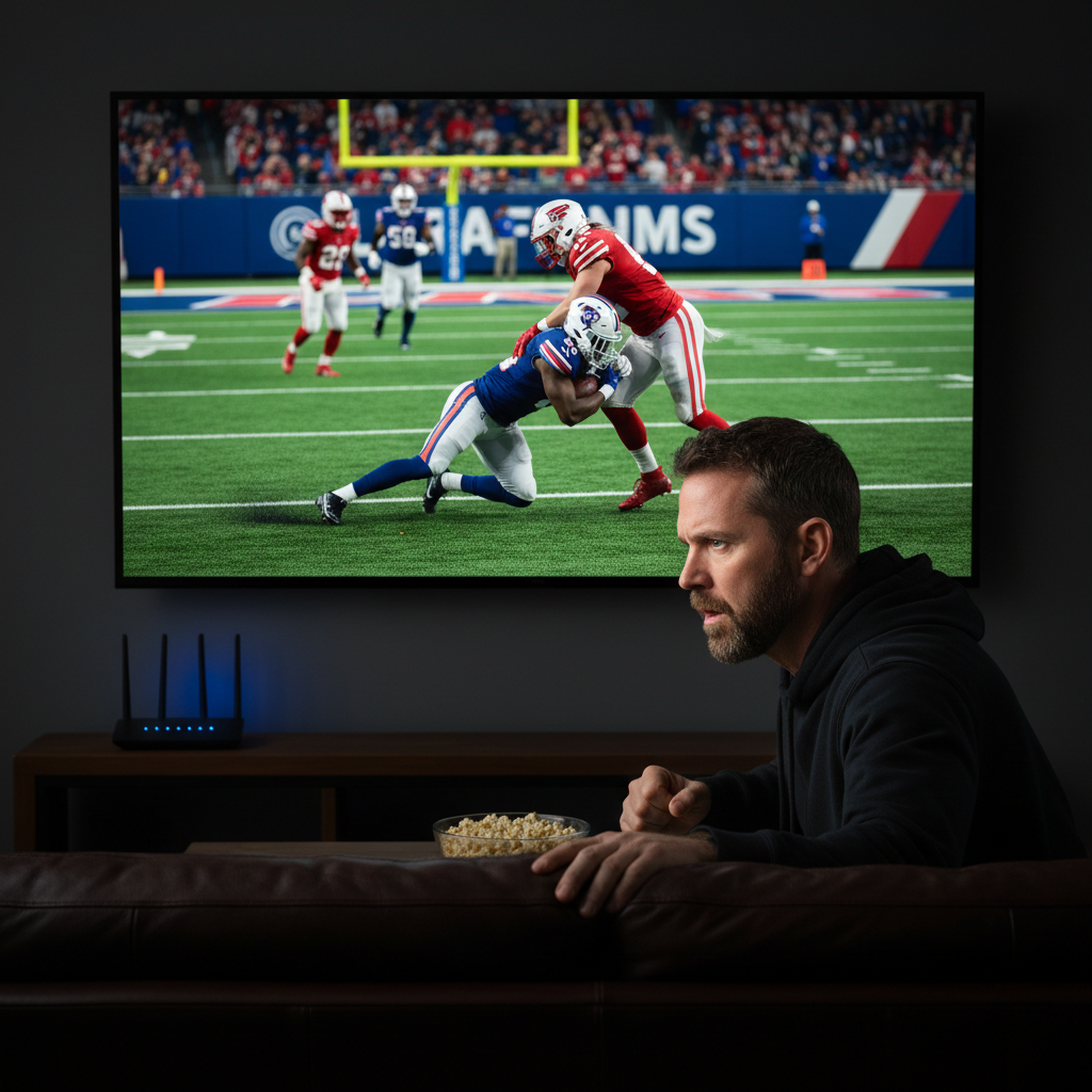 Man watching high-quality live sports stream with zero buffering on smart TV