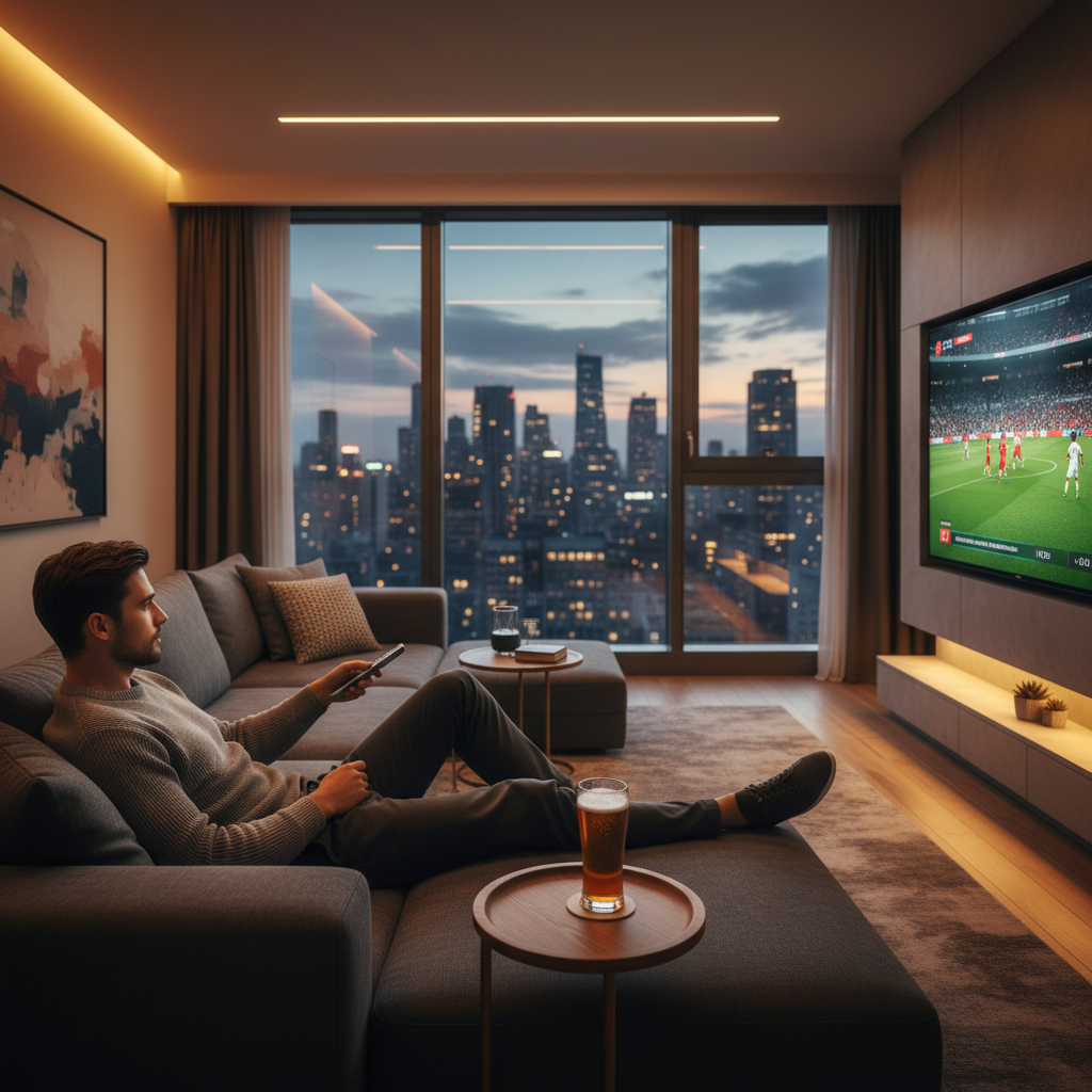 Man watching live sports via IPTV as the smartest cable replacement in 2026.