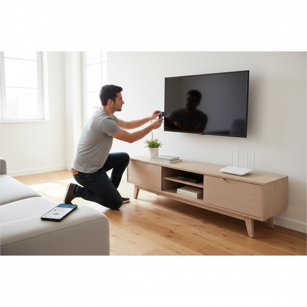 Man setting up an IPTV streaming device on a smart TV at home