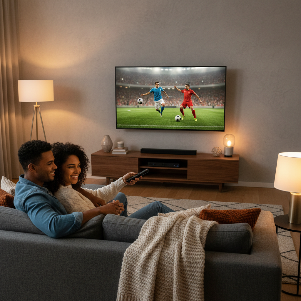 Couple comparing IPTV vs DirecTV Stream on a smart TV at home