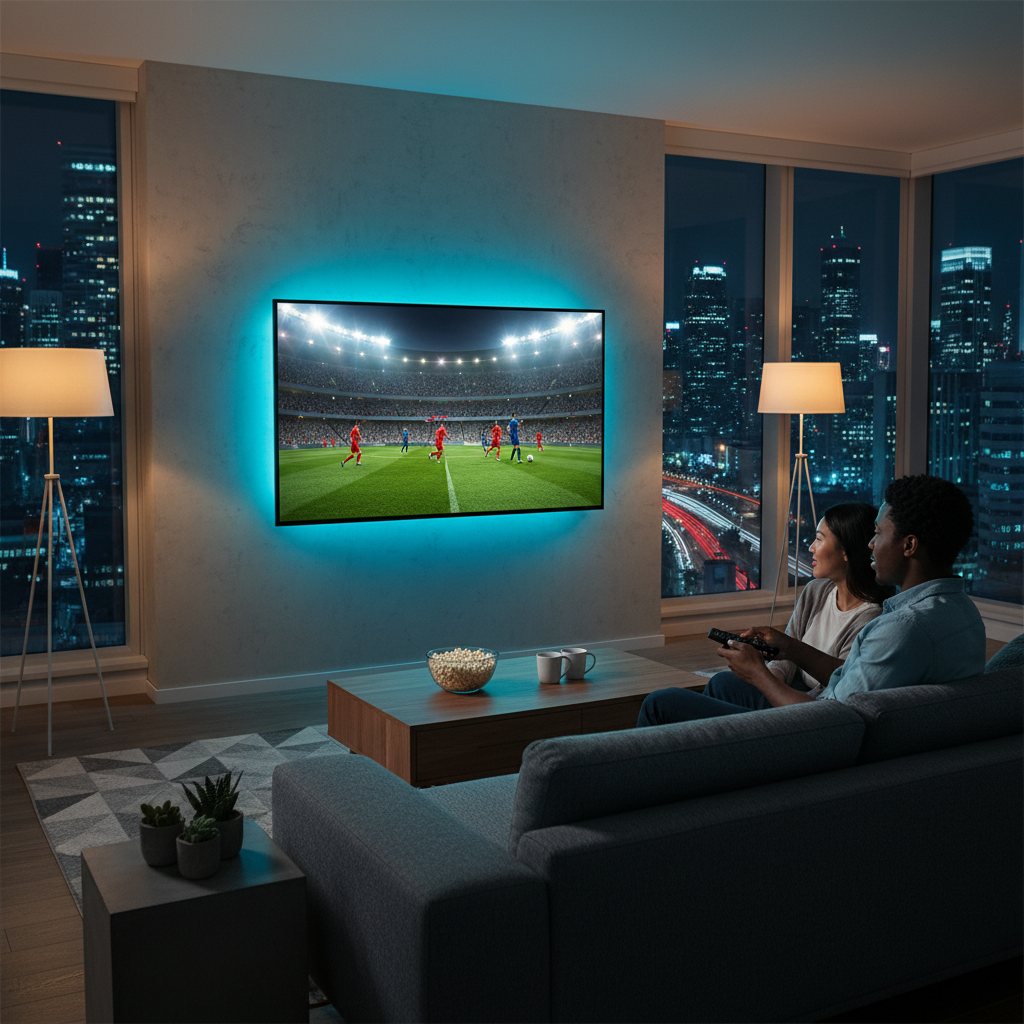 Couple streaming live sports at home comparing IPTV vs FuboTV options