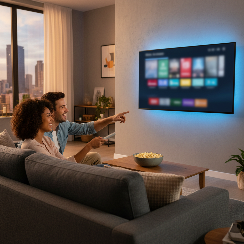 Couple comparing IPTV vs Hulu Live TV streaming options on smart TV