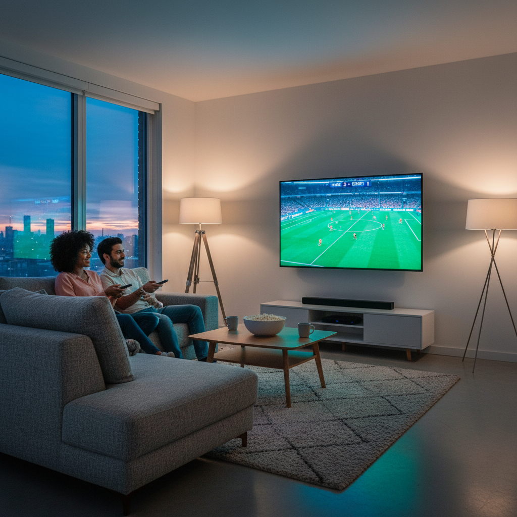 Couple comparing IPTV vs Sling TV on a smart TV at home