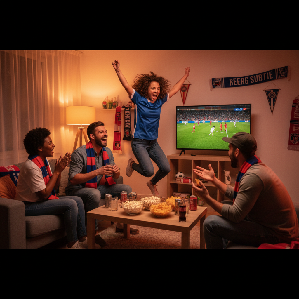 Friends watching live sports on a streaming service at home together
