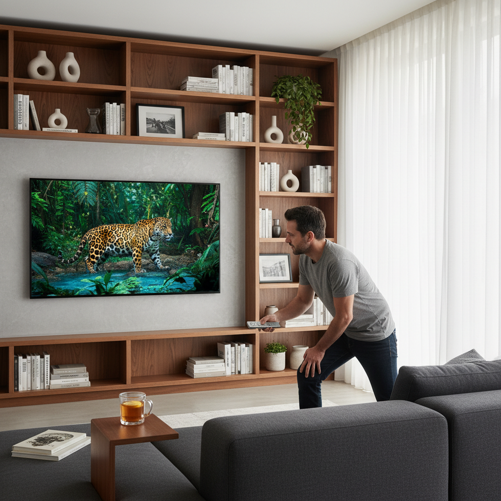 Man watching premium Arabic IPTV in HD on a large smart TV