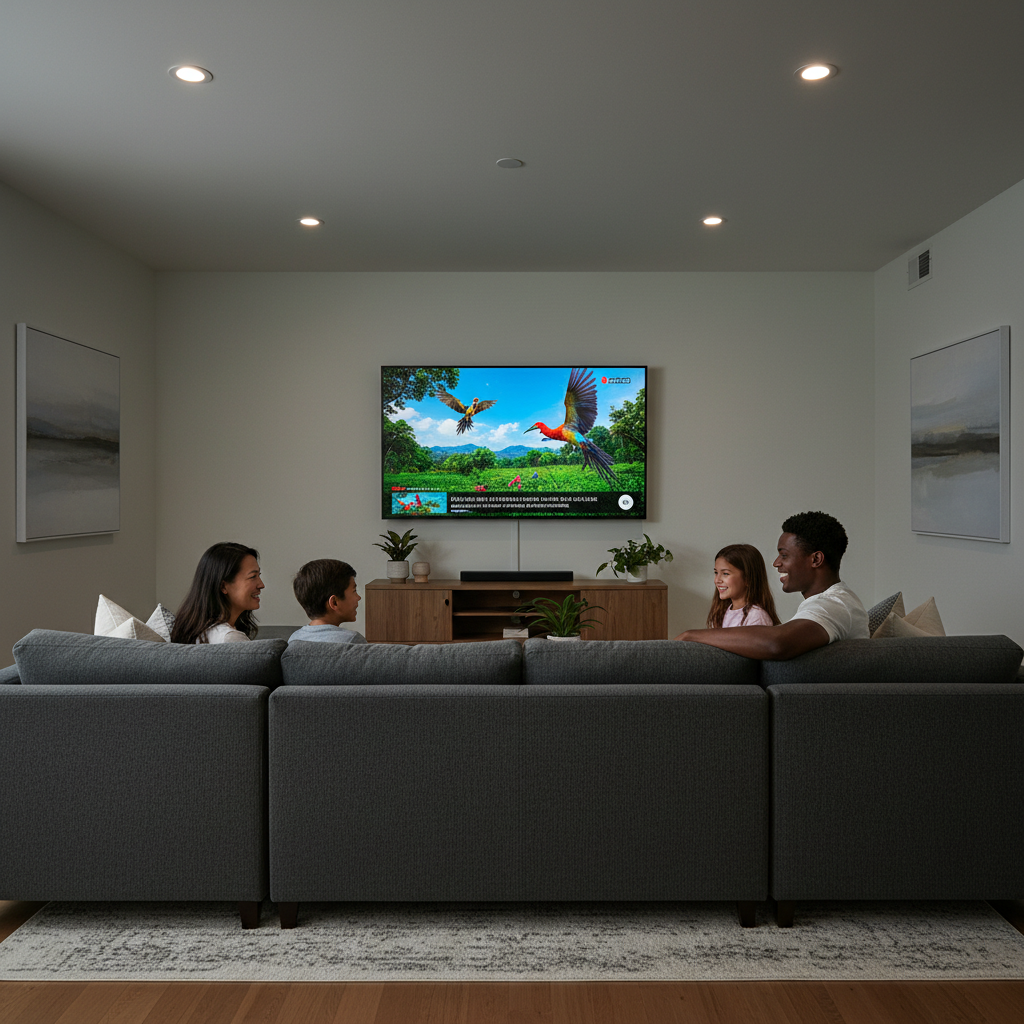 Family enjoying a premium IPTV cable replacement service on a large smart TV