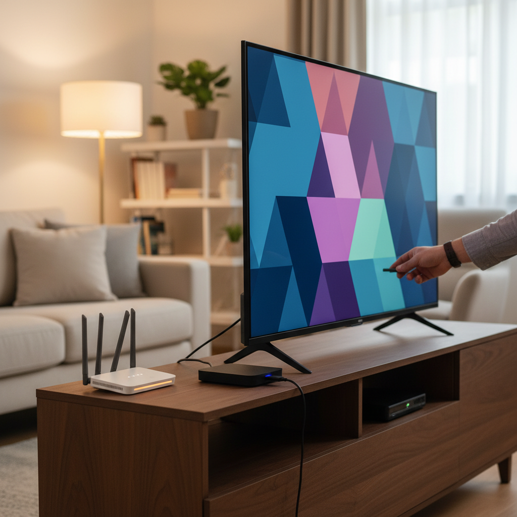 Person setting up an international IPTV streaming device on a home TV in the USA